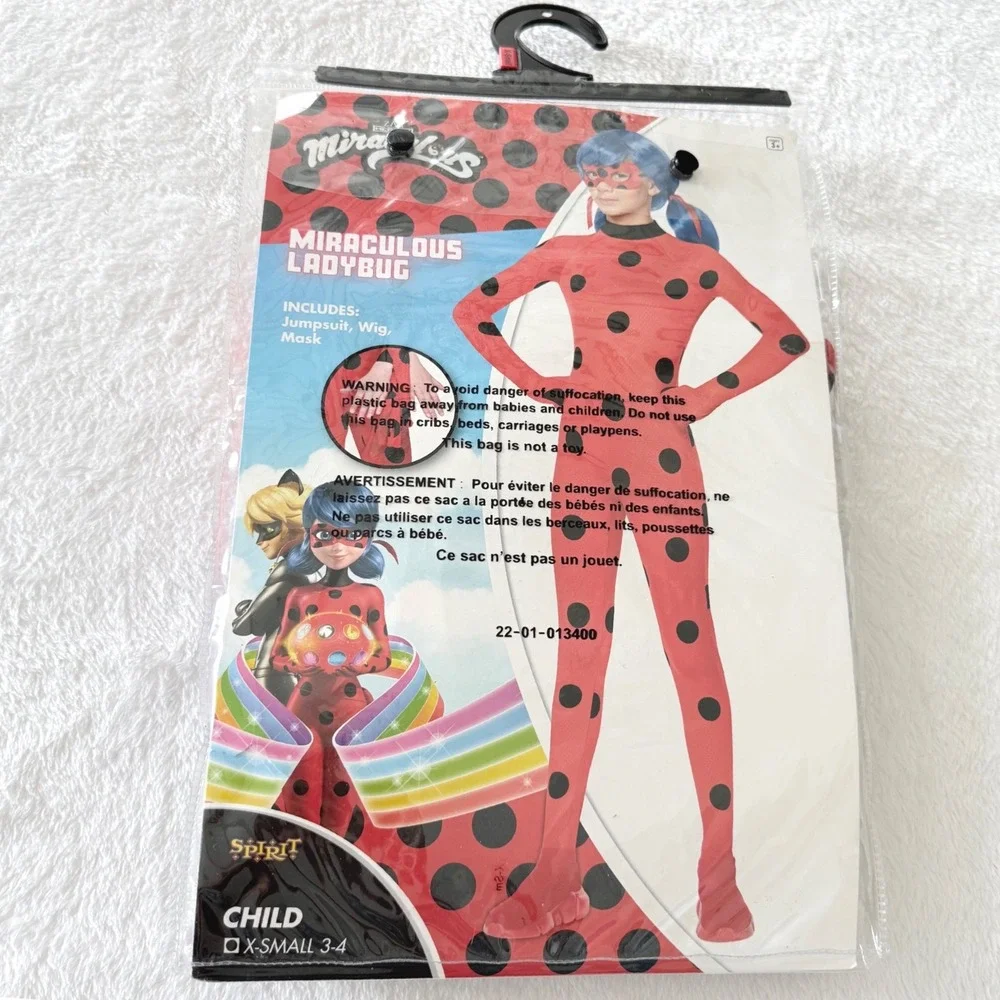 Spirit Halloween Miraculous Ladybug Costume Kids XS 3-4 Red Jumpsuit Wig Mask